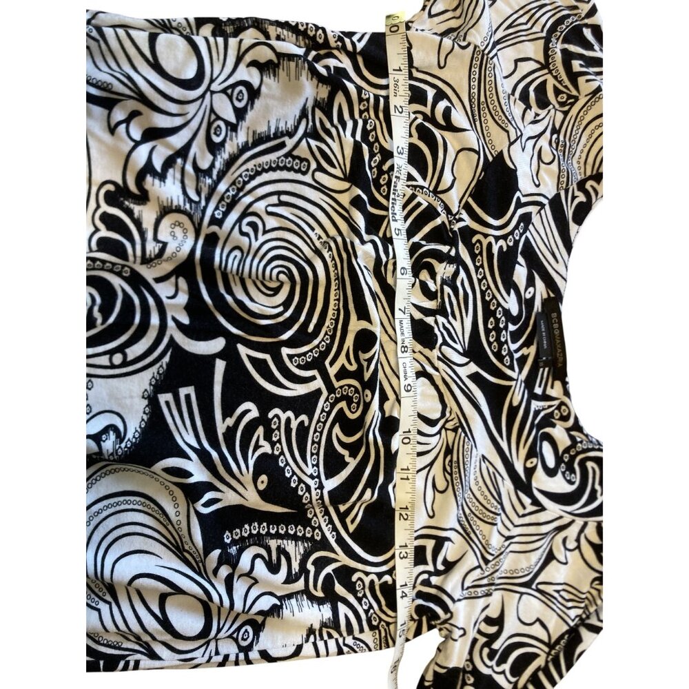BCBGMAXAZRIA Black & White Abstract Print Dress XS 3/4 Sleeve Stretch Knit Scoop - Picture 5 of 6